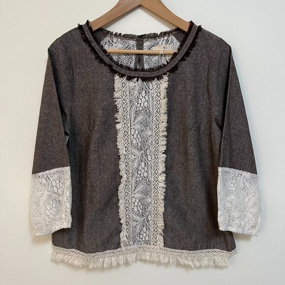 Ryu Bohemian Brown Chambray Fringe Lace Trim Bow Ties - Size Large - Picture 3 of 7